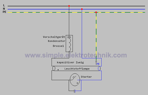 schaltung kapazitive einzelschaltung leuchtstofflampe simple elektrotechnik